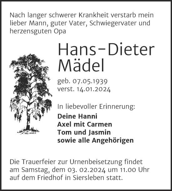 Traueranzeige von Hans-Dieter Mädel von Trauerkombi Mansfelder Land