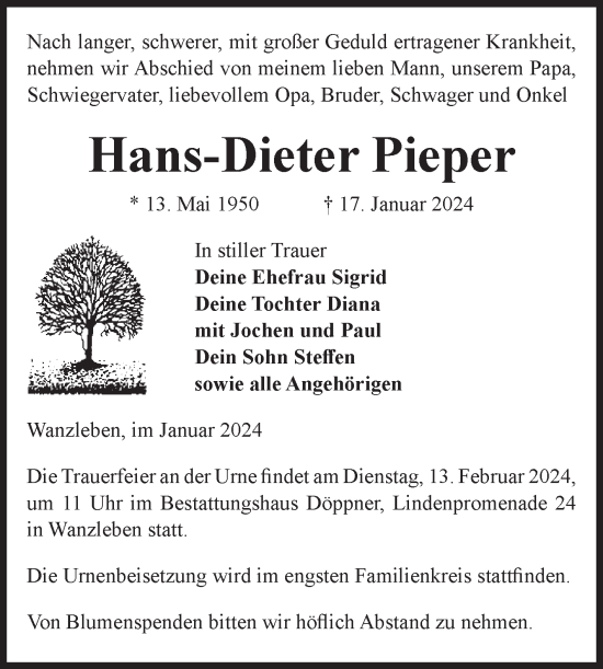 Traueranzeige von Hans-Dieter Pieper von Volksstimme Oschersleben/Wanzleben