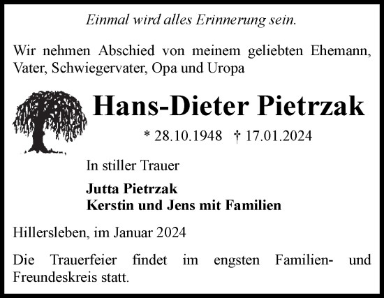 Traueranzeige von Hans-Dieter Pietrzak von Volksstimme Haldensleben/Wolmirstedt