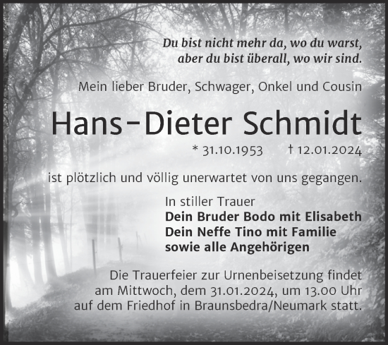 Traueranzeige von Hans-Dieter Schmidt von Trauerkombi Merseburg