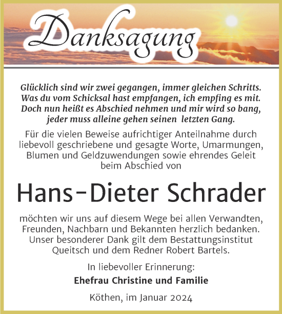 Traueranzeige von Hans-Dieter Schrader von Trauerkombi Köthen