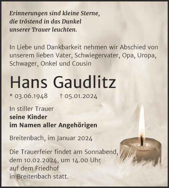 Traueranzeige von Hans Gaudlitz von Trauerkombi Sangerhausen