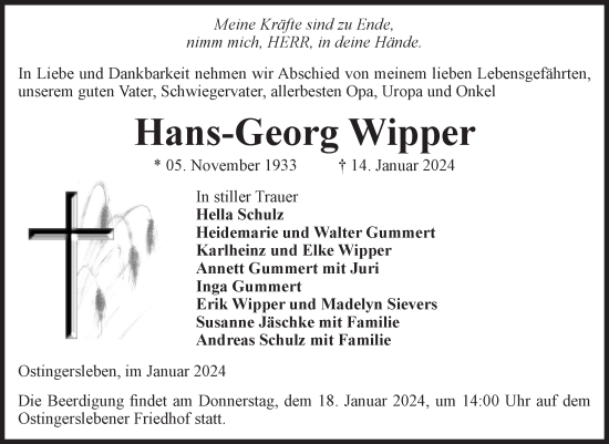 Traueranzeige von Hans-Georg Wipper von Volksstimme Oschersleben/Wanzleben
