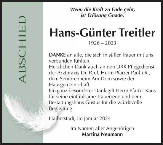 Traueranzeige von Hans-Günter Treitler von Volksstimme Halberstadt