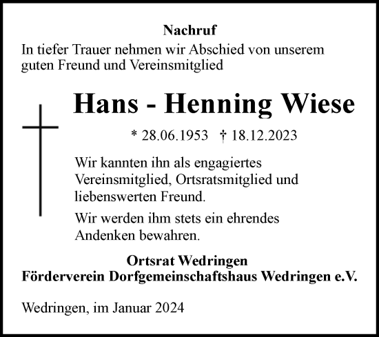 Traueranzeige von Hans-Henning Wiese von Volksstimme Haldensleben/Wolmirstedt