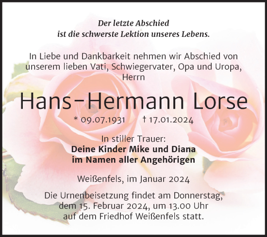 Traueranzeige von Hans-Hermann Lorse von Trauerkombi Weißenfels