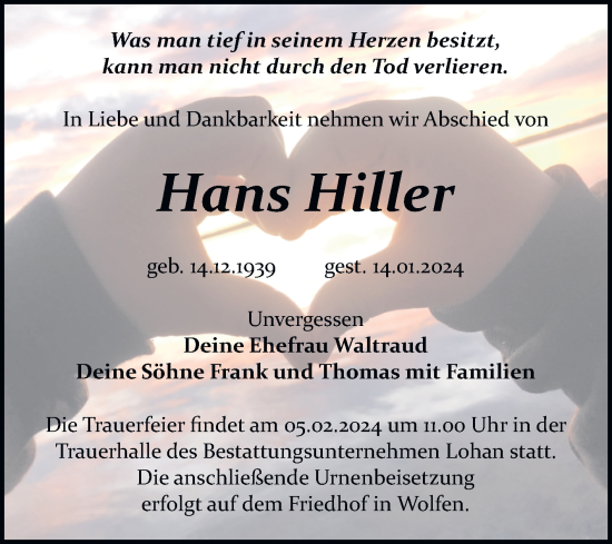Traueranzeige von Hans Hiller von Trauerkombi Bitterfeld
