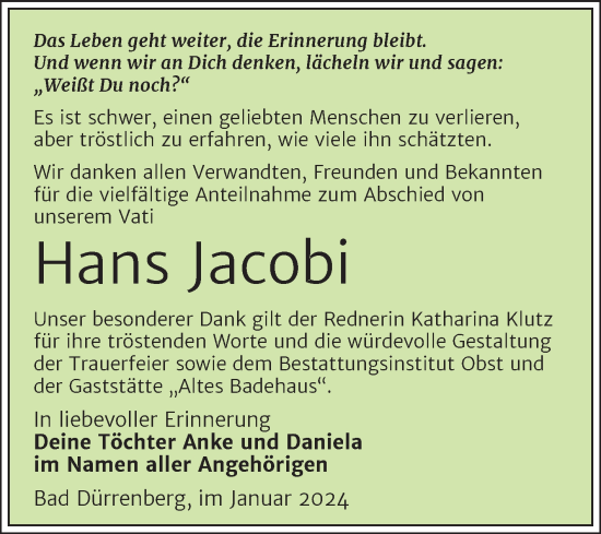 Traueranzeige von Hans Jacobi von Trauerkombi Merseburg