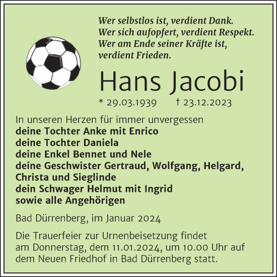Traueranzeige von Hans Jacobi von Trauerkombi Merseburg
