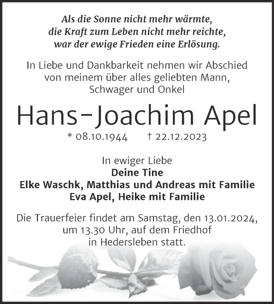 Traueranzeige von Hans-Joachim Apel von Trauerkombi Quedlinburg