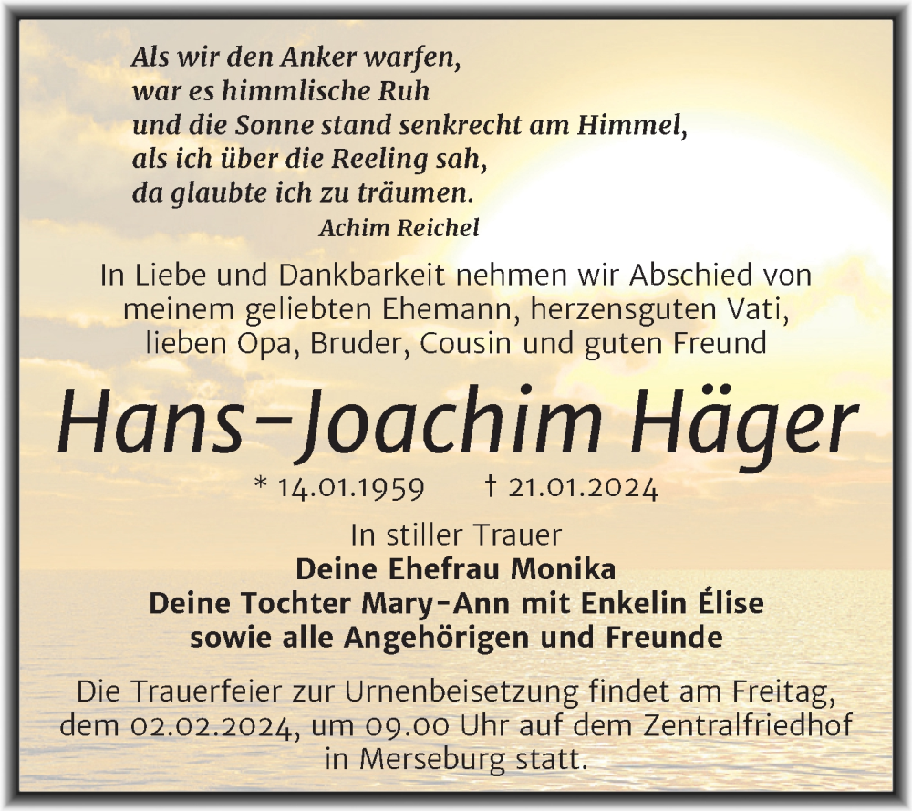  Traueranzeige für Hans-Joachim Häger vom 27.01.2024 aus Trauerkombi Merseburg