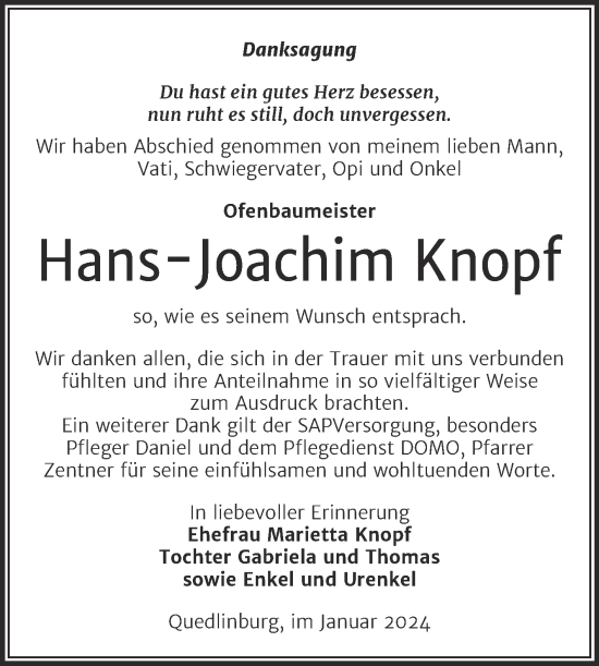Traueranzeige von Hans-Joachim Knopf von Trauerkombi Quedlinburg