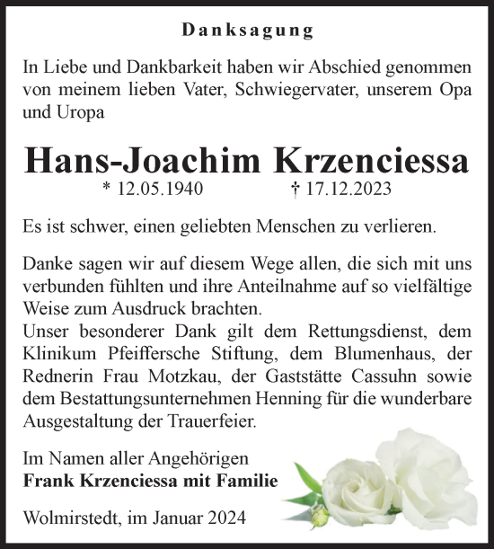 Traueranzeige von Hans-Joachim Krzenciessa von Volksstimme Haldensleben/Wolmirstedt