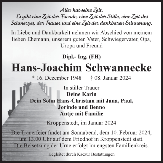 Traueranzeige von Hans-Joachim Schwannecke von Volksstimme Oschersleben/Wanzleben