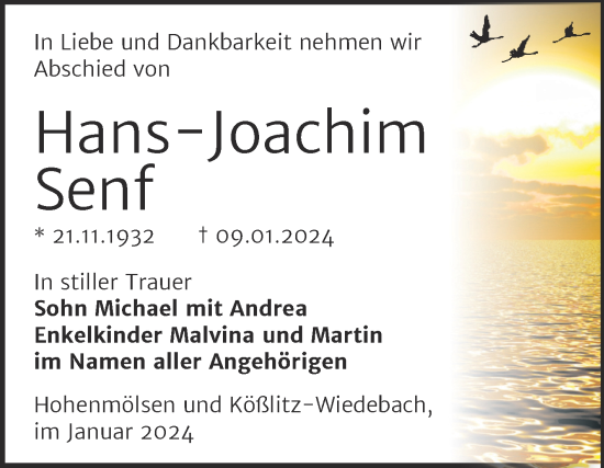 Traueranzeige von Hans-Joachim Senf von Trauerkombi Weißenfels