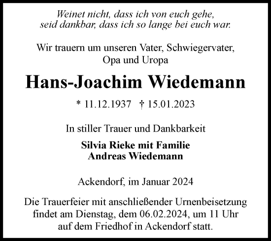 Traueranzeige von Hans-Joachim Wiedemann von Volksstimme Haldensleben/Wolmirstedt