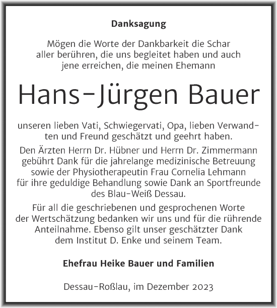 Traueranzeige von Hans-Jürgen Bauer von Trauerkombi Dessau