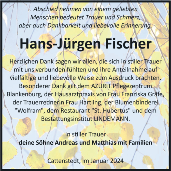 Traueranzeige von Hans-Jürgen Fischer von Volksstimme Wernigerode
