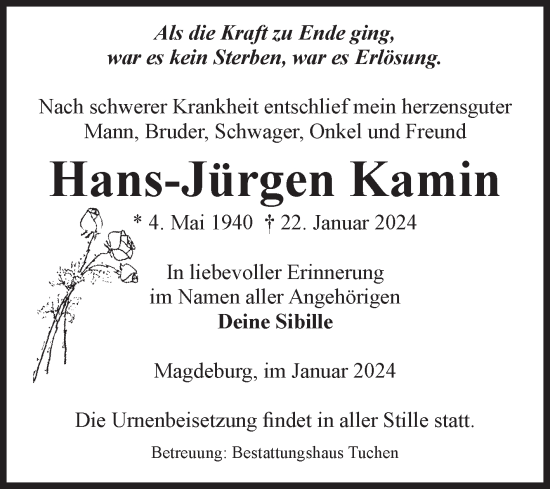 Traueranzeige von Hans-Jürgen Kamin von Volksstimme Oschersleben/Wanzleben