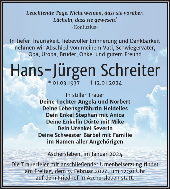 Traueranzeige von Hans-Jürgen Schreiter von Trauerkombi Aschersleben