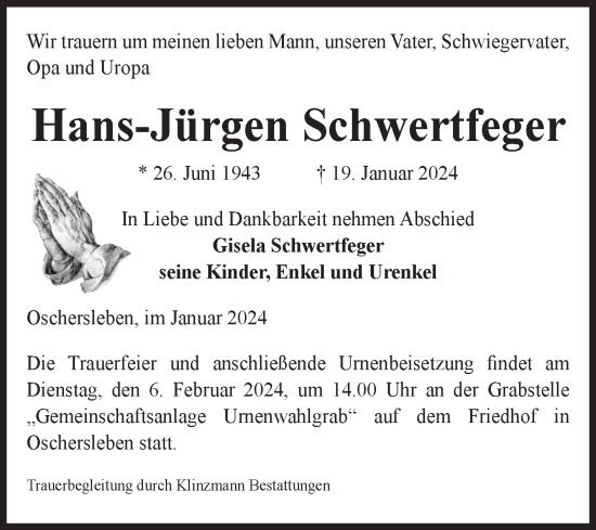 Traueranzeige von Hans-Jürgen Schwertfeger von Volksstimme Oschersleben/Wanzleben