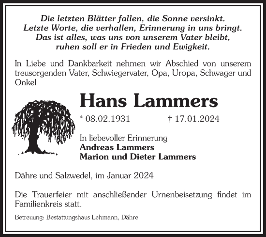 Traueranzeige von Hans Lammers von Volksstimme Altmark West