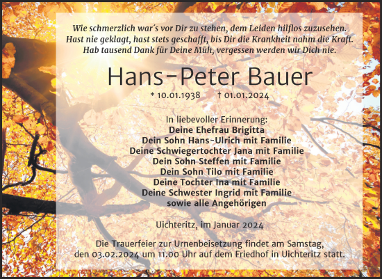 Traueranzeige von Hans-Peter Bauer von Trauerkombi Weißenfels