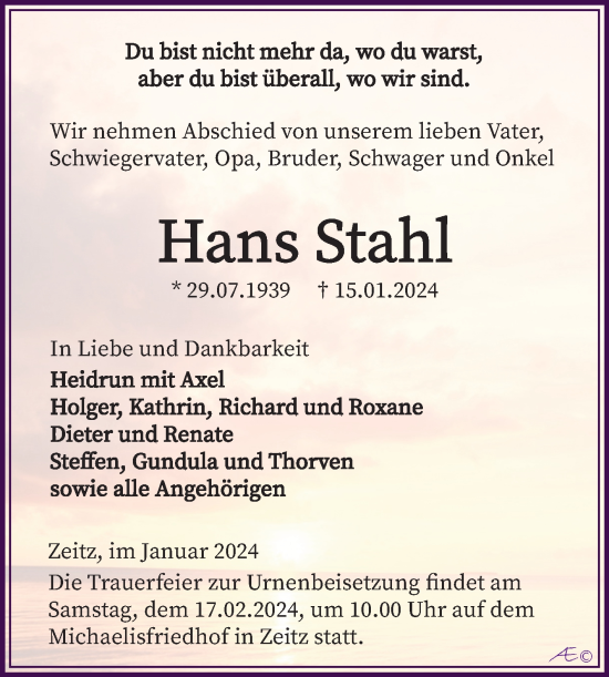 Traueranzeige von Hans Stahl von Trauerkombi Zeitz