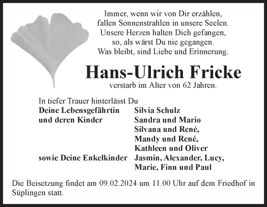 Traueranzeige von Hans-Ulrich Fricke von Volksstimme Haldensleben/Wolmirstedt
