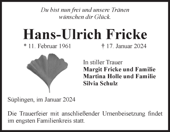 Traueranzeige von Hans-Ulrich Fricke von Volksstimme Haldensleben/Wolmirstedt