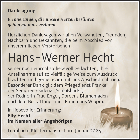 Traueranzeige von Hans-Werner Hecht von Trauerkombi Mansfelder Land