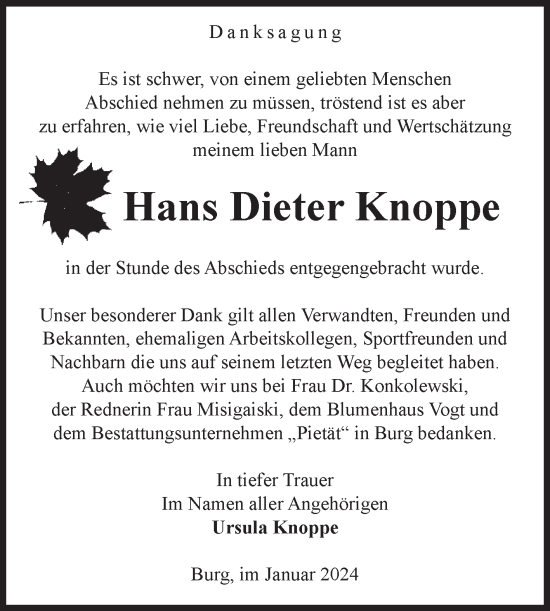 Traueranzeige von Hans Dieter Knoppe von Volksstimme Burg/Genthin