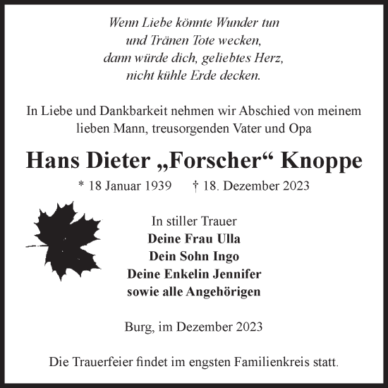 Traueranzeige von Hans Dieter Knoppe von Volksstimme Burg/Genthin
