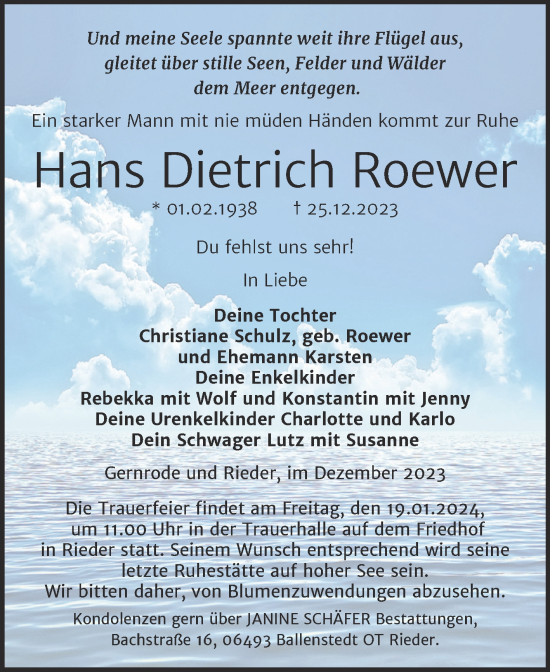 Traueranzeige von Hans Dietrich Roewer von Trauerkombi Quedlinburg