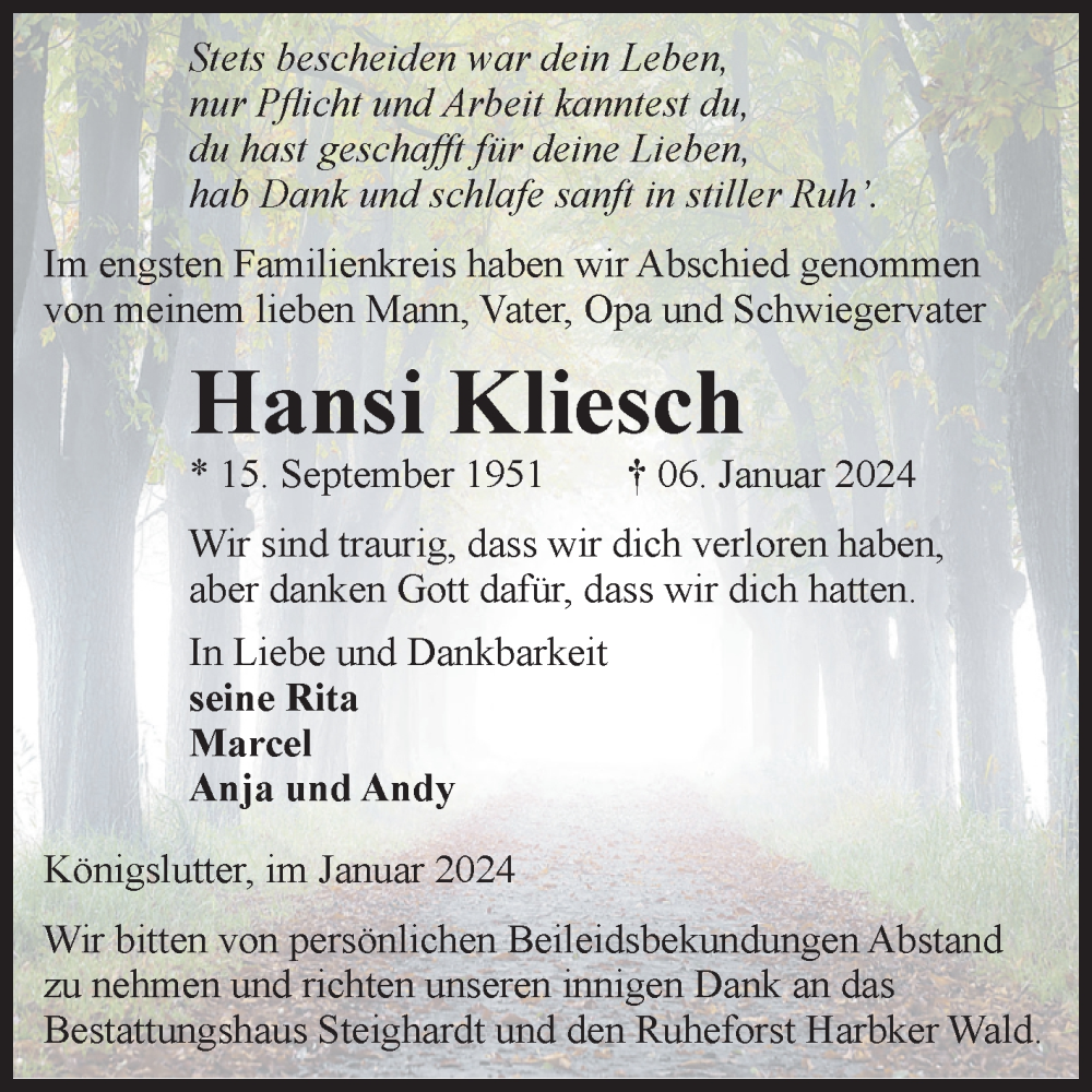  Traueranzeige für Hansi Kliesch vom 27.01.2024 aus Volksstimme Oschersleben/Wanzleben