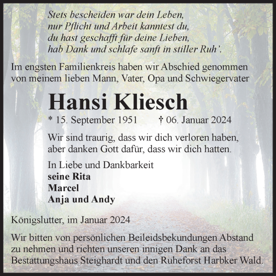 Traueranzeige von Hansi Kliesch von Volksstimme Oschersleben/Wanzleben