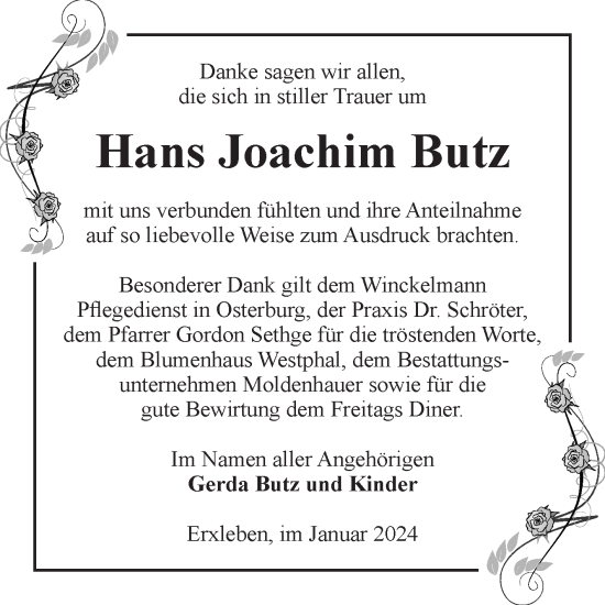 Traueranzeige von Hans Joachim Butz von Volksstimme Altmark Ost