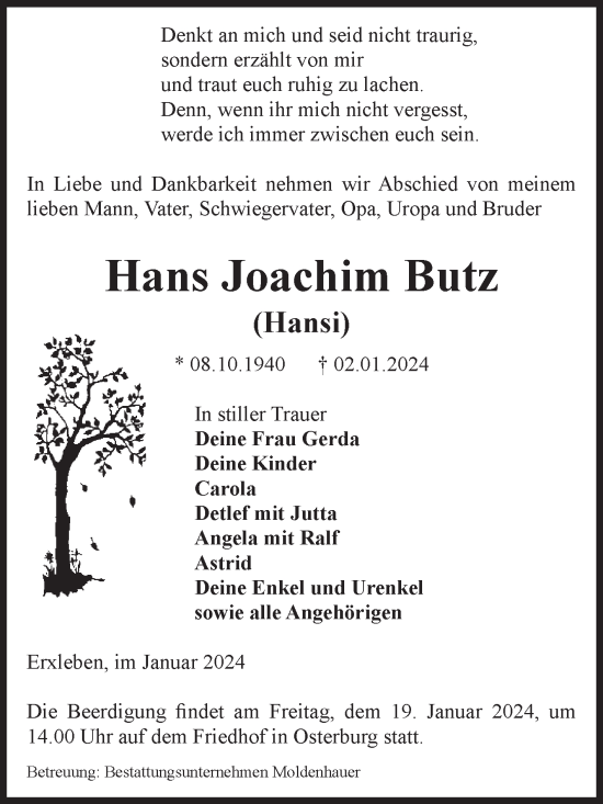 Traueranzeige von Hans Joachim Butz von Volksstimme Altmark Ost