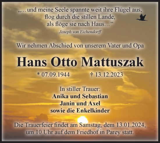 Traueranzeige von Hans Otto Mattuszak von Volksstimme Burg/Genthin
