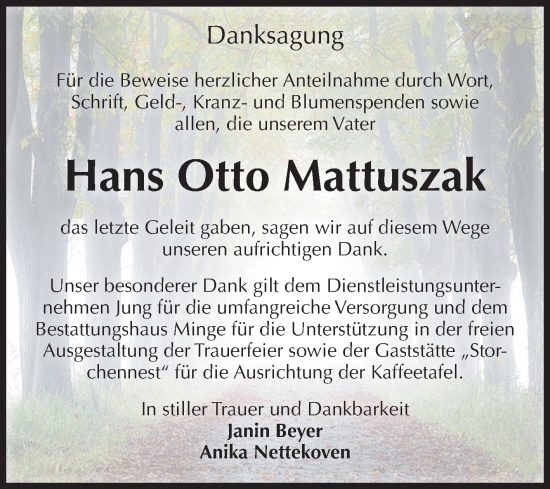 Traueranzeige von Hans Otto Mattuszak von Volksstimme Burg/Genthin