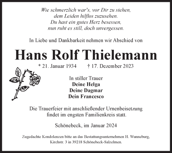 Traueranzeige von Hans Rolf Thielemann von Volksstimme Schönebeck