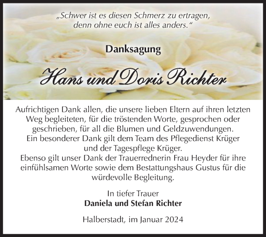 Traueranzeige von Hans und Doris Richter von Volksstimme Halberstadt