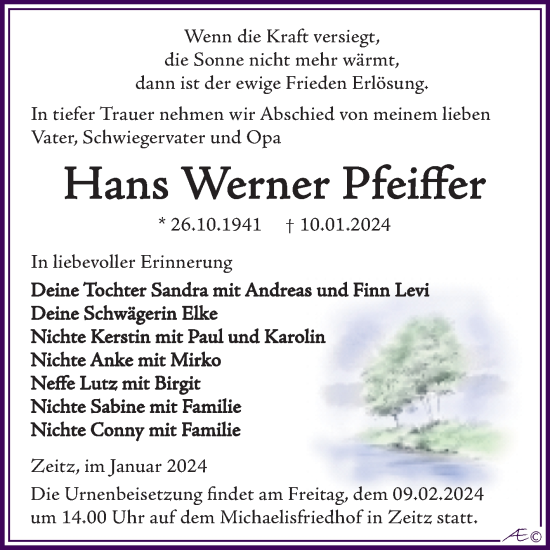Traueranzeige von Hans Werner Pfeiffer von Trauerkombi Zeitz