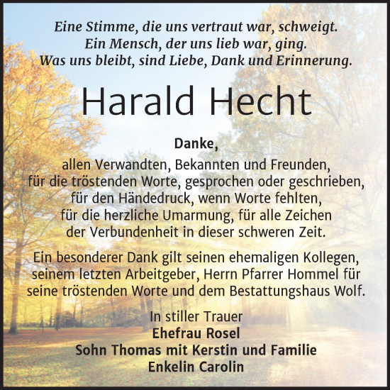 Traueranzeige von Harald Hecht von Trauerkombi Weißenfels