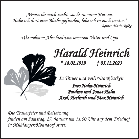 Traueranzeige von Harald Heinrich 