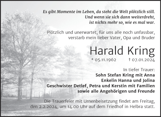 Traueranzeige von Harald Kring von Trauerkombi Mansfelder Land