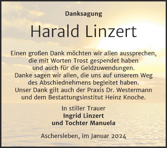 Traueranzeige von Harald Linzert von Trauerkombi Aschersleben
