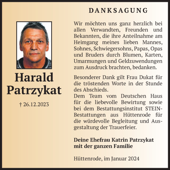Traueranzeige von Harald Patrzykat von Volksstimme Wernigerode