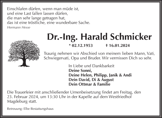 Traueranzeige von Harald Schmicker von Volksstimme Magdeburg