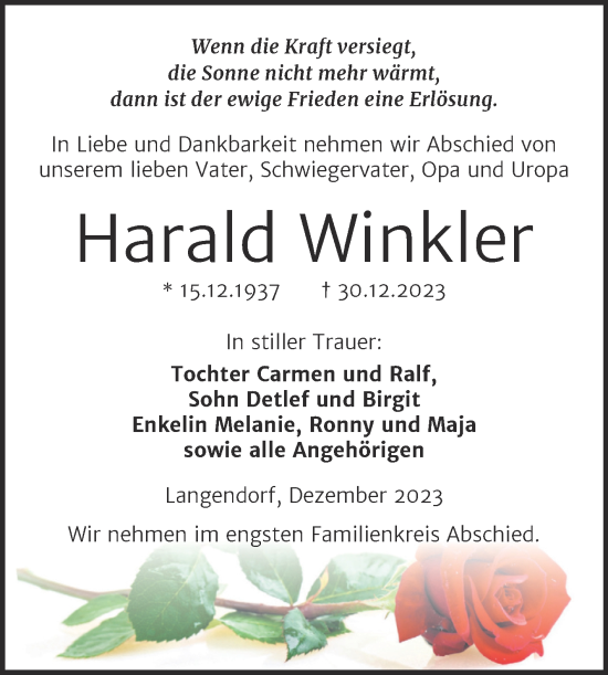 Traueranzeige von Harald Winkler von Trauerkombi Weißenfels